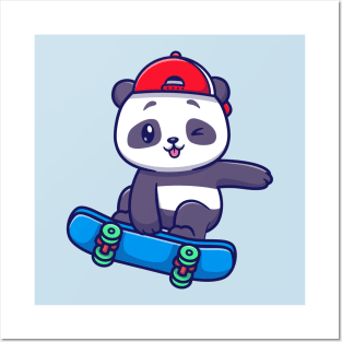 Cute Panda Playing Skateboard Cartoon Posters and Art